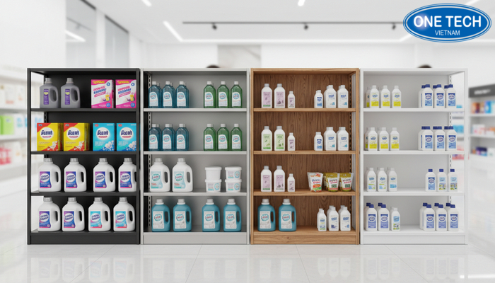 So sánh chất liệu kệ trưng bày nước giặt Bảng so sánh chất liệu kệ trưng bày nước giặt: sắt sơn tĩnh điện, inox, gỗ, nhựa