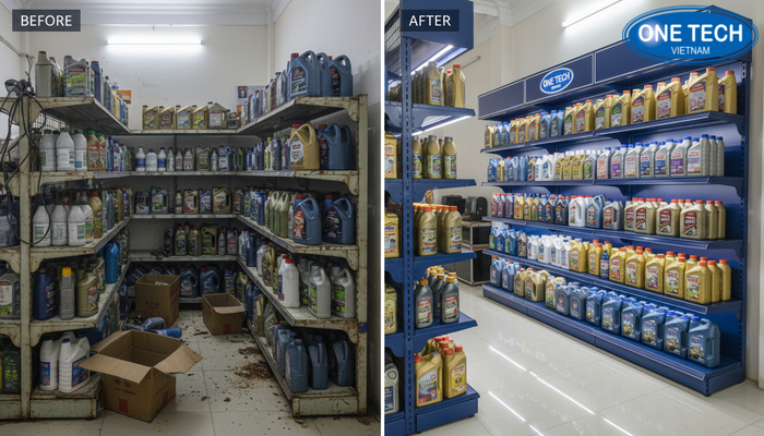 So sánh trước và sau khi lắp kệ trưng bày dầu nhớt tại Thanh Hóa