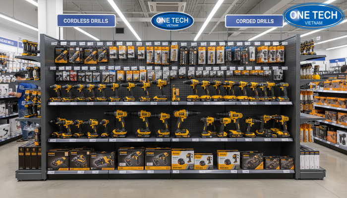 Kết hợp biển hiệu với kệ trưng bày máy khoan Biển hiệu và banner tại khu kệ trưng bày máy khoan trong cửa hàng