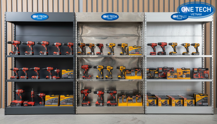 So sánh chất liệu kệ trưng bày máy khoan Biểu đồ so sánh inox, thép sơn tĩnh điện và nhôm cho kệ trưng bày máy khoan