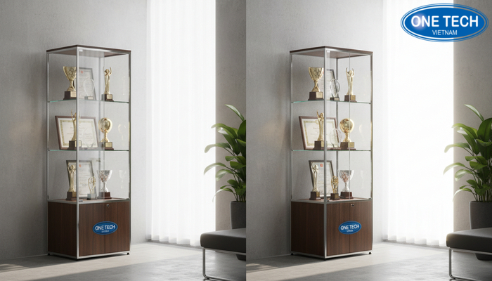 Bố trí kệ trưng bày bằng khen theo ánh sáng phù hợp Ví dụ bố trí kệ trưng bày bằng khen đúng và sai theo ánh sáng