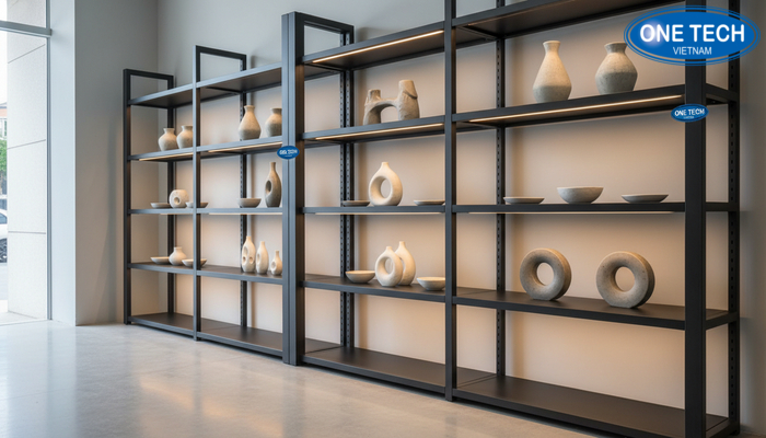 Bố trí kệ gốm sứ với đèn LED Bố trí kệ trưng bày gốm sứ kết hợp đèn LED giúp sản phẩm nổi bật
