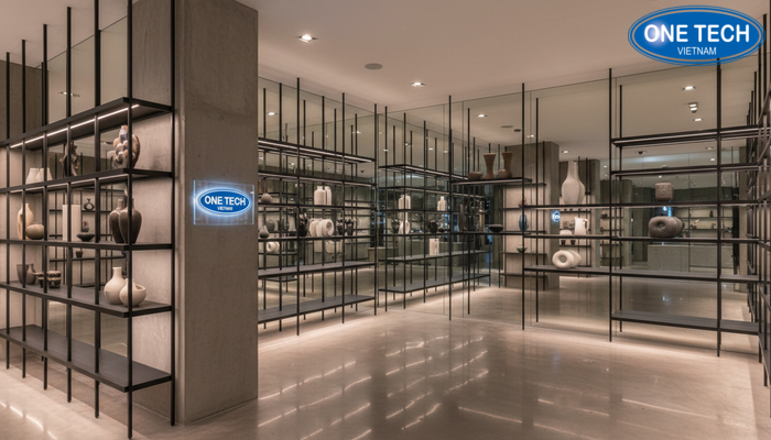 Bố trí kệ gốm sứ kết hợp gương Kệ trưng bày gốm sứ kết hợp gương tạo hiệu ứng mở rộng không gian