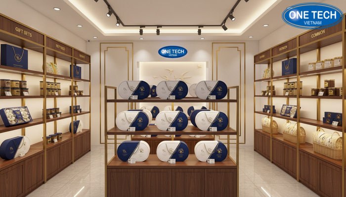 Bố trí kệ trưng bày yến sào hiệu quả Minh họa bố trí kệ trưng bày yến sào trong showroom với điểm nhấn ánh sáng hợp lý