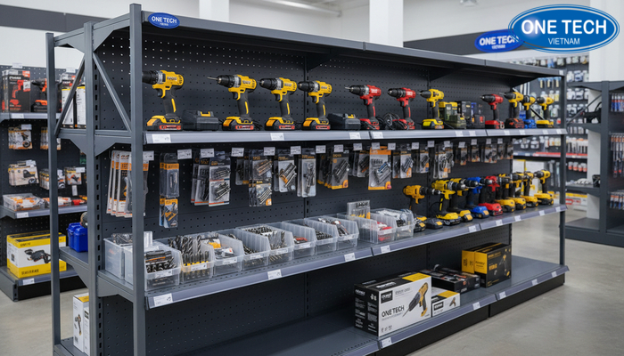 Cách phân nhóm trên kệ trưng bày máy khoan Minh họa phân nhóm máy khoan pin, máy khoan điện và phụ kiện trên kệ