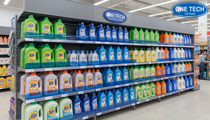 Mâm tầng kệ trưng bày nước giặt có gờ chắn Chi tiết mâm tầng và gờ chắn của kệ trưng bày nước giặt