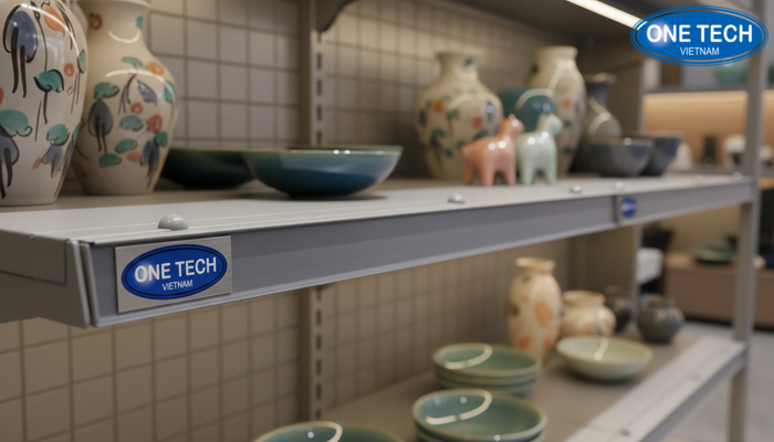 Chi tiết an toàn của kệ trưng bày gốm sứ Chi tiết gờ chặn và mép kệ giúp chống rơi vỡ đồ gốm sứ