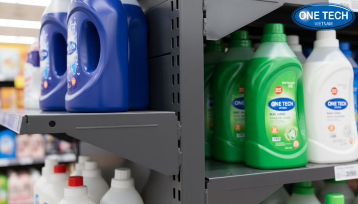 Chi tiết kệ trưng bày nước giặt OneTech Chi tiết lớp sơn và phụ kiện của kệ trưng bày nước giặt OneTech