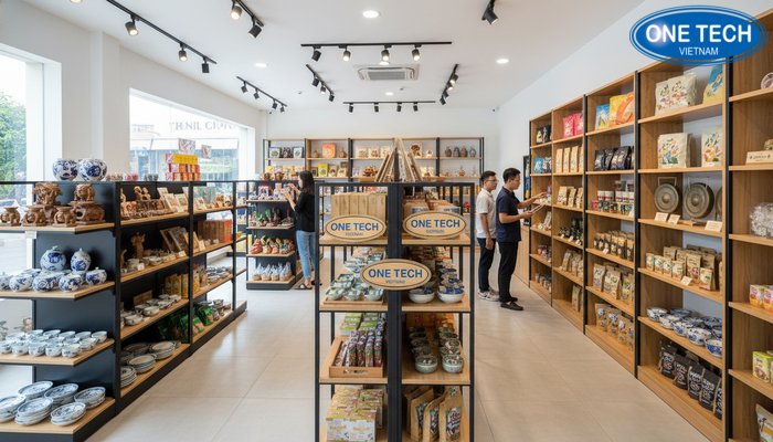 Cửa hàng quà lưu niệm bố trí kệ trưng bày đồ lưu niệm Bố trí cửa hàng quà lưu niệm với kệ trưng bày đa dạng, lối đi thoáng