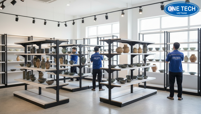 Lắp đặt kệ trưng bày gốm sứ Đội ngũ hỗ trợ tư vấn và lắp đặt kệ trưng bày gốm sứ