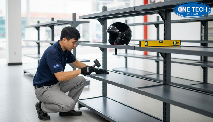 Minh họa các bước lắp đặt kệ để mũ bảo hiểm chắc chắn và cân bằng