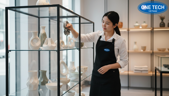 Vệ sinh kệ kính trưng bày gốm sứ Minh họa lau vệ sinh kệ kính trưng bày gốm sứ bằng khăn mềm