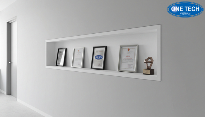 Mẫu kệ trưng bày bằng khen âm tường Kệ âm tường trưng bày bằng khen gọn gàng, tiết kiệm diện tích