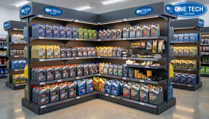 Kệ đa tầng điều chỉnh độ cao cho trưng bày dầu nhớt