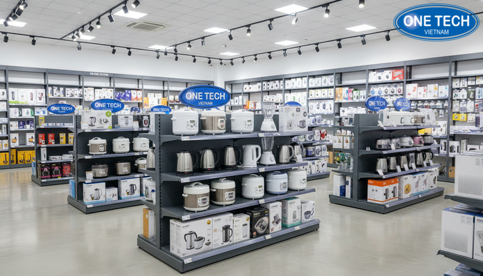 Kệ đa tầng trưng bày đồ gia dụng và thiết bị điện tại cửa hàng