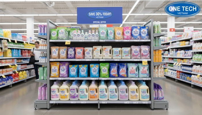 Bố trí kệ trưng bày nước giặt khuyến mãi Kệ đầu dãy tạo điểm nhấn khuyến mãi nước giặt tại lối đi chính
