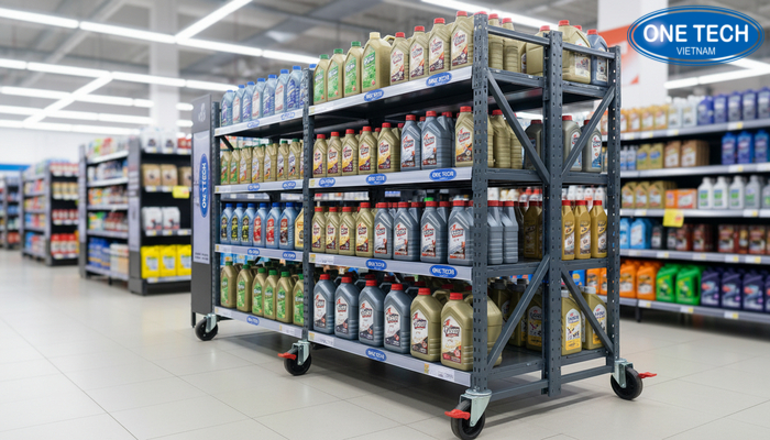 Kệ trưng bày dầu nhớt có bánh xe dễ di chuyển