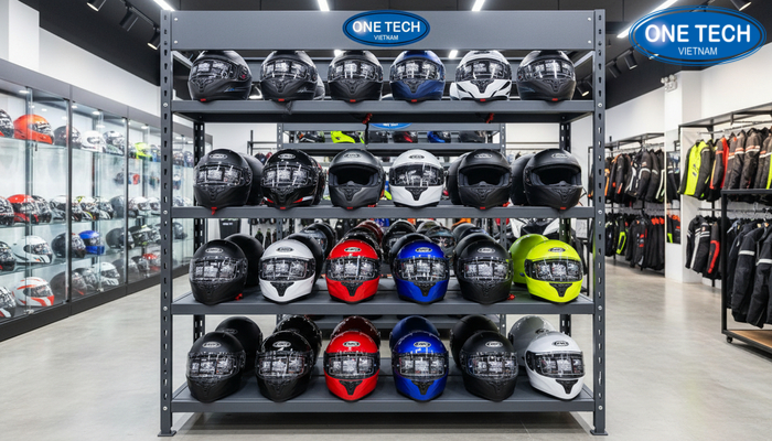 Kệ để mũ bảo hiểm dạng đứng nhiều tầng trưng bày gọn gàng