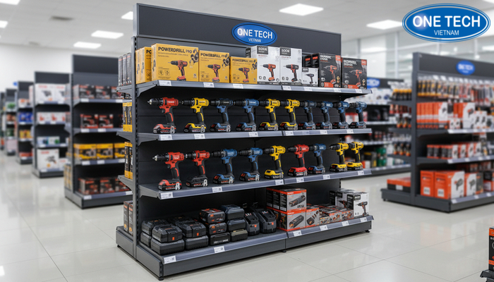 Kệ đứng nhiều tầng trưng bày máy khoan Kệ đứng nhiều tầng trưng bày máy khoan điện và máy khoan pin