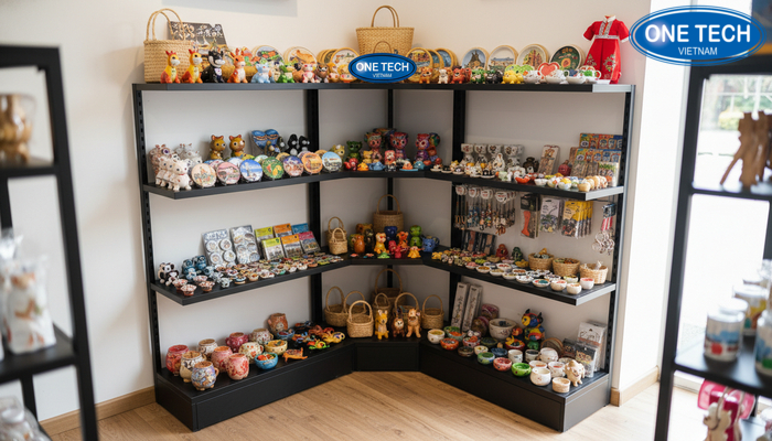 Kệ góc đa tầng trưng bày quà tặng lưu niệm Kệ góc đa tầng tận dụng góc chết, tăng diện tích trưng bày đồ lưu niệm