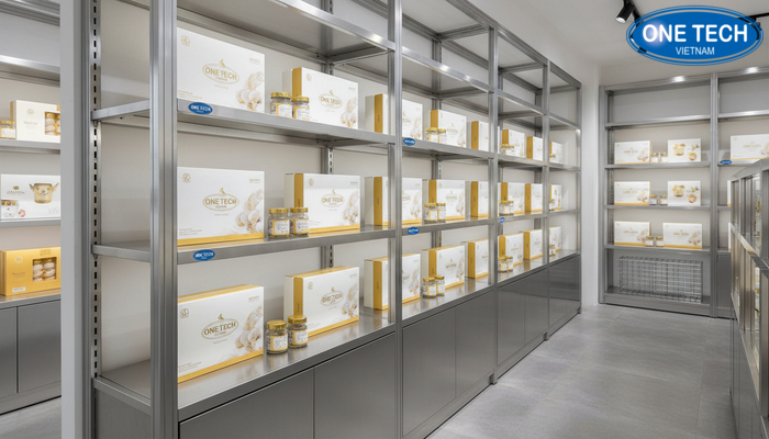 Kệ nhôm inox trưng bày yến sào Kệ nhôm inox trưng bày yến sào bền chắc, phù hợp cửa hàng linh hoạt