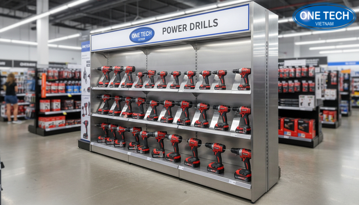 Kệ trưng bày máy khoan kết hợp quảng cáo Kệ trưng bày máy khoan có khung biển quảng cáo tại điểm bán