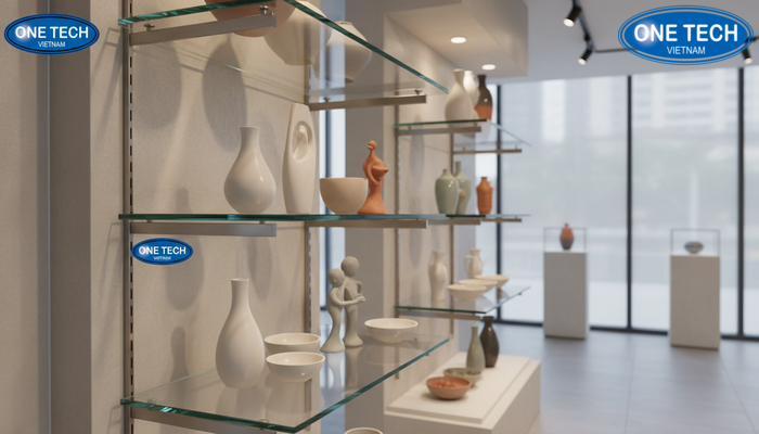 Kệ kính cường lực trưng bày gốm sứ Kệ kính cường lực trưng bày đồ gốm sứ hiện đại