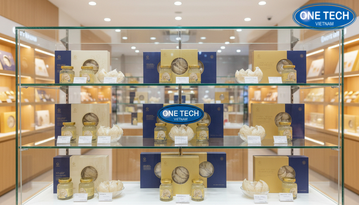 Kệ kính cường lực trưng bày yến sào Tủ kính cường lực trưng bày yến sào chống bụi, dễ quan sát