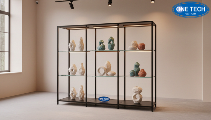 Kệ kính trưng bày gốm sứ showroom Kệ kính cường lực kết hợp ánh sáng làm nổi sản phẩm gốm sứ