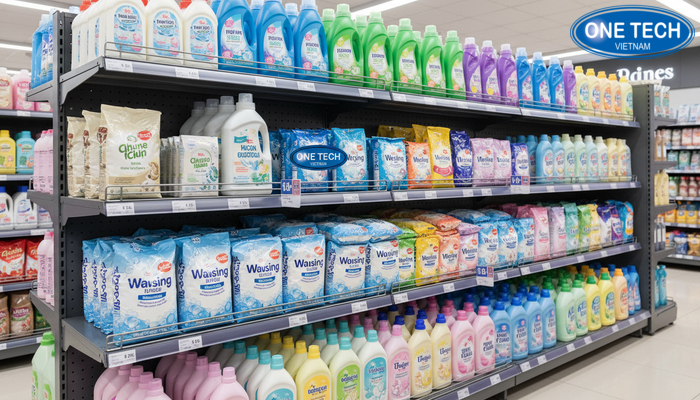 Kệ lưng lưới trưng bày nước giặt Kệ lưng lưới nhiều tầng trưng bày nước giặt trong siêu thị