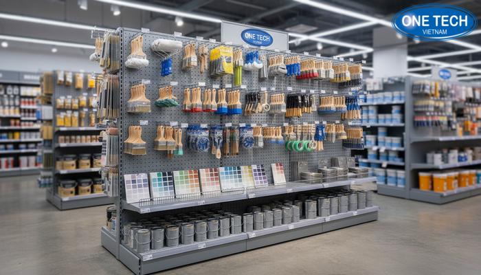 Kệ lưng lưới dùng để trưng bày phụ kiện sơn như rulô cọ băng keo