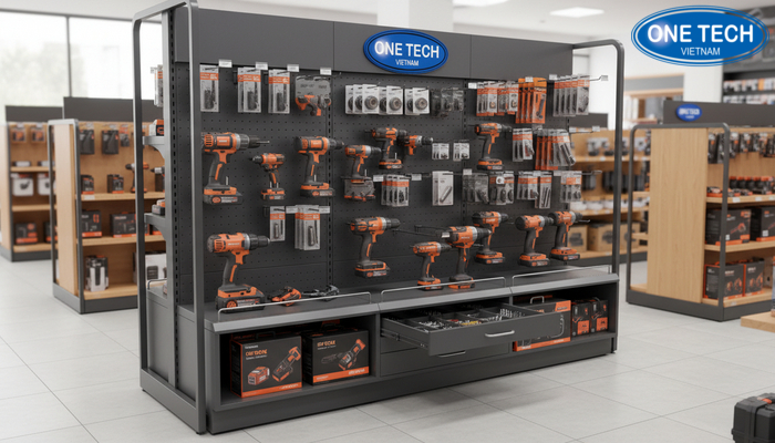 Kệ trưng bày máy khoan có ngăn kéo và móc treo Mẫu kệ trưng bày máy khoan có ngăn kéo và móc treo tối ưu phụ kiện