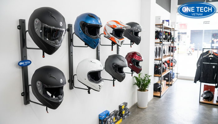 Kệ mũ bảo hiểm treo tường giúp tiết kiệm diện tích cửa hàng nhỏ