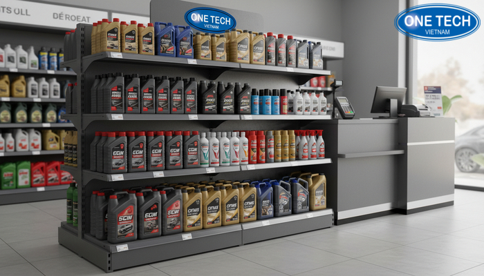 Kệ POSM dầu nhớt đặt gần quầy thu ngân để tăng tầm nhìn
