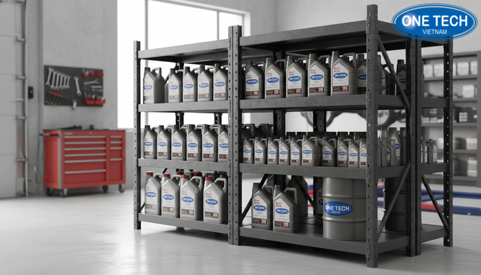Kệ sắt chịu tải trưng bày can dầu nhớt 18L