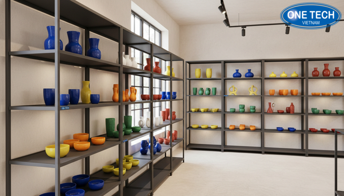 Kệ sắt trưng bày gốm sứ cửa hàng Bố trí dãy kệ sắt sơn tĩnh điện cho cửa hàng gốm sứ