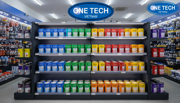 Mẫu kệ trưng bày sơn nước tích hợp đèn LED giúp làm nổi sản phẩm và khu vực thương hiệu