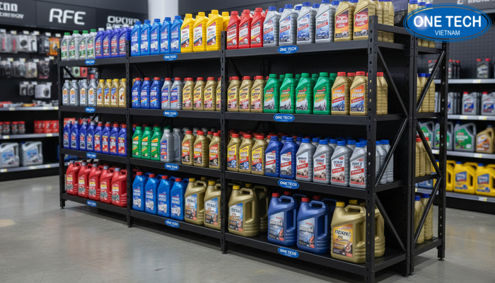 Kệ thép sơn tĩnh điện trưng bày dầu nhớt