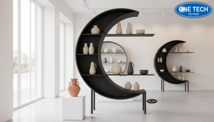 Kệ trăng khuyết trưng bày gốm sứ Mẫu kệ trăng khuyết tạo điểm nhấn khi trưng bày bình gốm