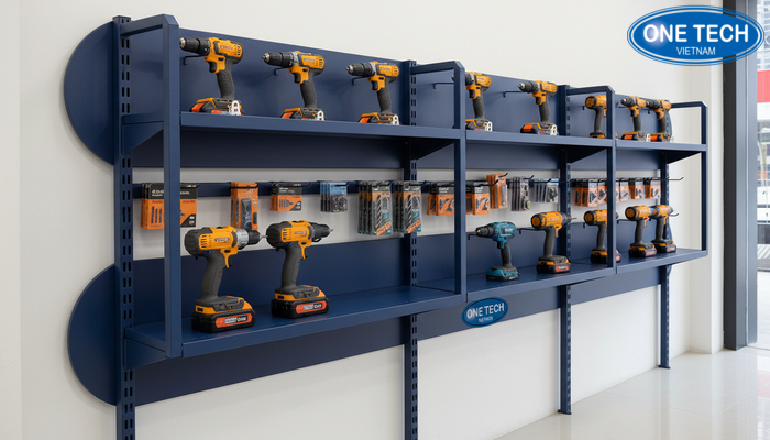 Kệ treo tường sơn tĩnh điện trưng bày máy khoan Kệ treo tường sơn tĩnh điện trưng bày máy khoan pin và phụ kiện