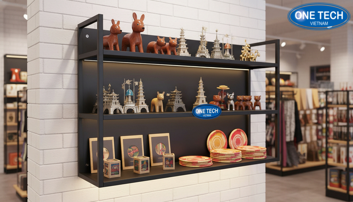 Kệ treo tường cho cửa hàng đồ lưu niệm Kệ treo tường trưng bày sản phẩm lưu niệm nhỏ gọn, tiết kiệm diện tích sàn