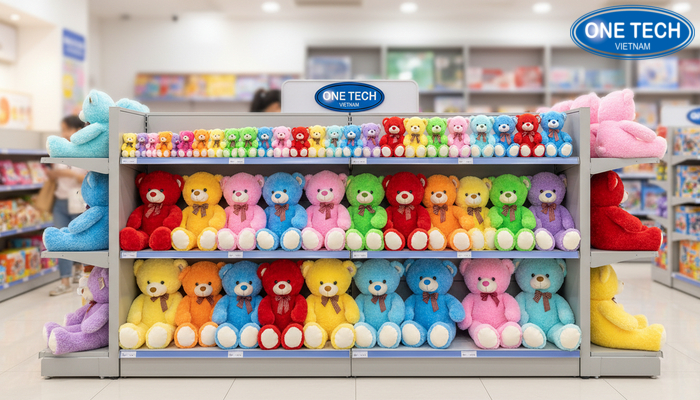 Ke trung bay gau bong nhieu kich thuoc de phan loai de nhin