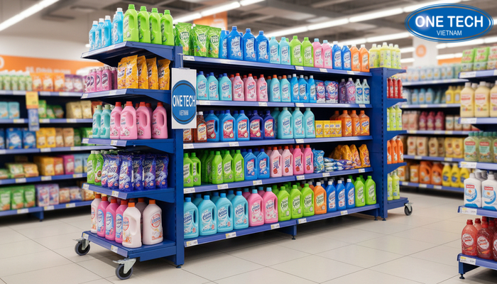 Kệ có bánh xe trưng bày nước giặt Kệ trưng bày nước giặt có bánh xe di chuyển linh hoạt