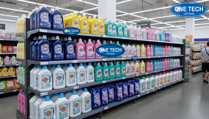 Kệ trưng bày nước giặt OneTech tại Thanh Hóa Ảnh thực tế kệ trưng bày nước giặt OneTech lắp đặt tại Thanh Hóa