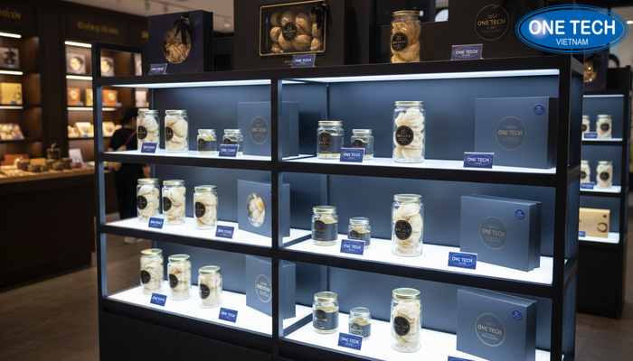 Kệ trưng bày yến sào tích hợp LED Kệ trưng bày yến sào tích hợp đèn LED tạo điểm nhấn sang trọng