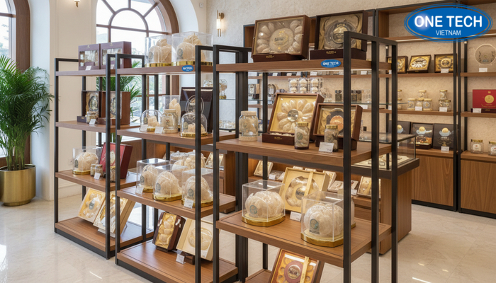 Kệ trưng bày yến sào OneTech tại Thanh Hóa Hình ảnh thực tế kệ trưng bày yến sào OneTech lắp đặt tại không gian showroom