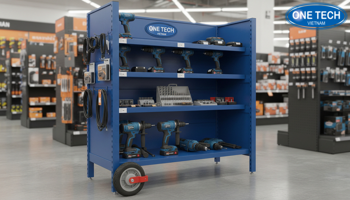 Kệ xe đẩy trưng bày máy khoan Kệ xe đẩy trưng bày máy khoan và phụ kiện, dễ di chuyển trong cửa hàng