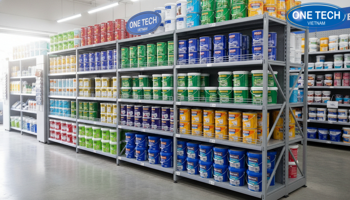 Minh họa kết cấu kệ trưng bày sơn nước chắc chắn chống rung lắc và rơi vỡ