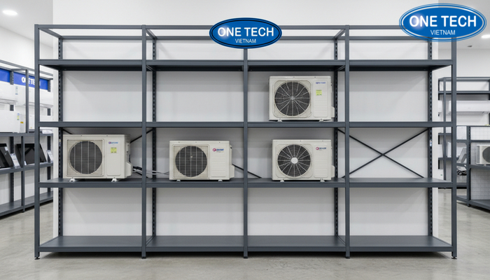 Tầng kệ trưng bày điều hoà điều chỉnh độ cao Cấu trúc tầng kệ trưng bày điều hoà có thể thay đổi độ cao theo kích thước máy
