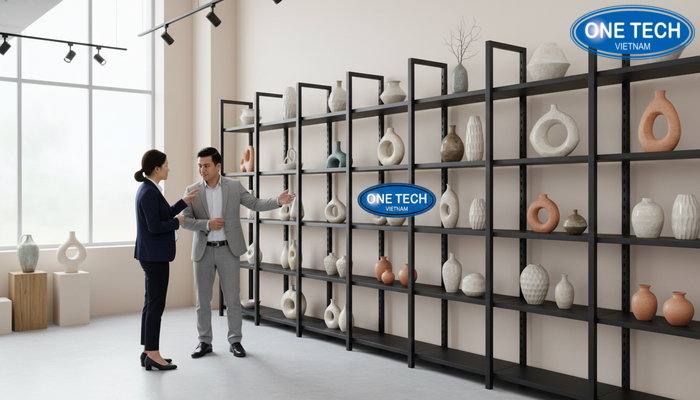 Nghiệm thu kệ trưng bày gốm sứ Khách hàng kiểm tra bố cục trưng bày gốm sứ sau khi lắp kệ